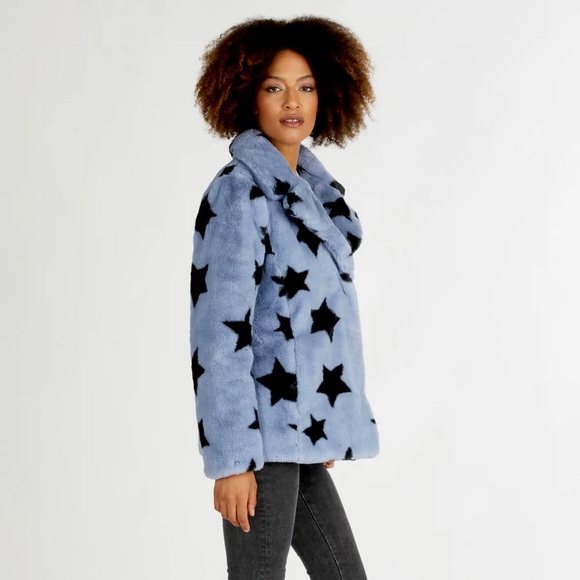 NVLT Star Print Faux Fur Jacket ✨ Blue Size Small - Picture 10 of 13
